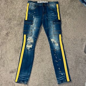 Size 32 dark blue jeans with yellow and white stripes brand new never worn